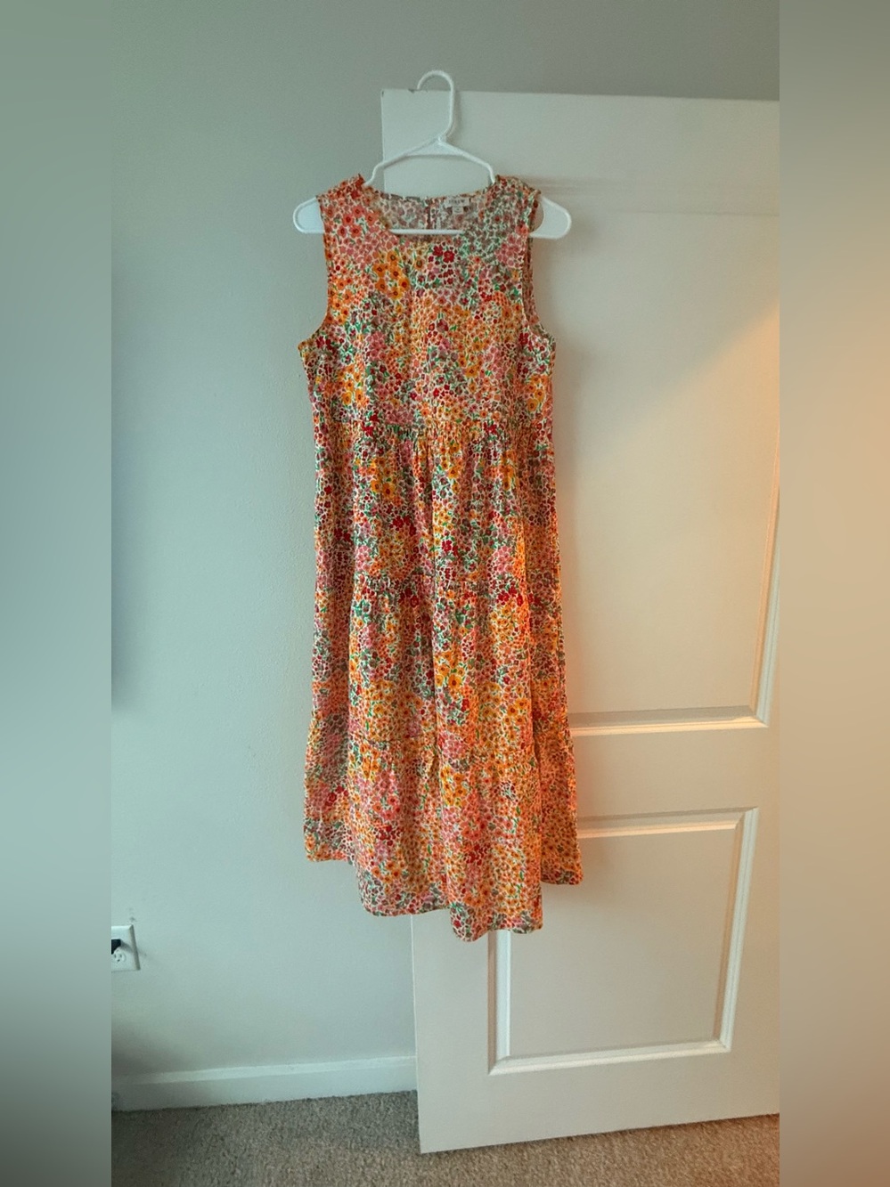 J.Crew Ditsy Floral Tiered Midi Dress Sleeveless Orange Red Orange Smock💛 - Picture 3 of 13